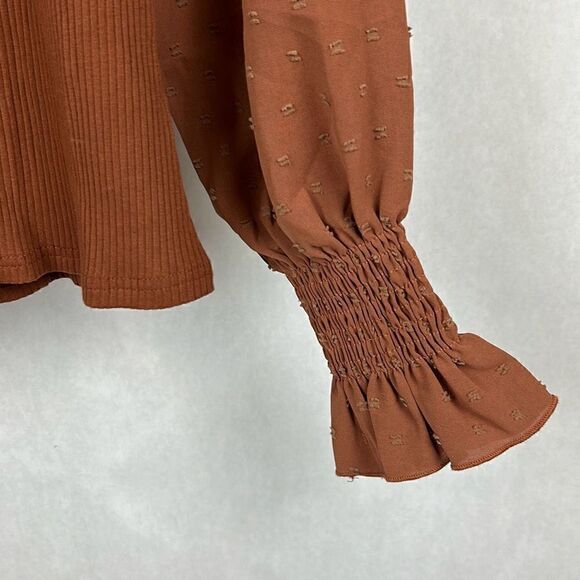 NWT ePretty Off Shoulder Ribbed Top Sz L Brown Stretch Long Sleeve Ruffled Cuff - Picture 4 of 8